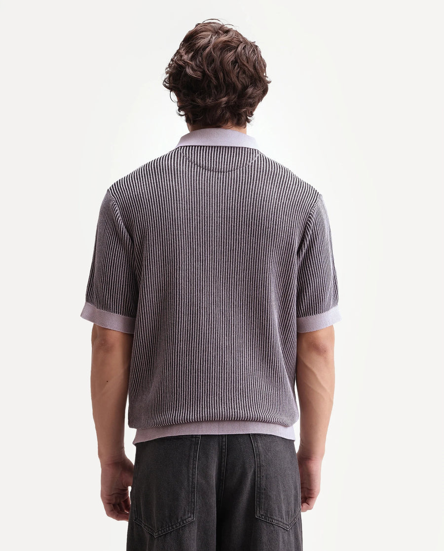 Rare Rabbit Men's Hof Dusky Purple Cotton Spread Collar Button Regular Striped Polo