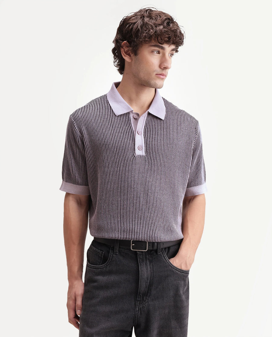 Rare Rabbit Men's Hof Dusky Purple Cotton Spread Collar Button Regular Striped Polo