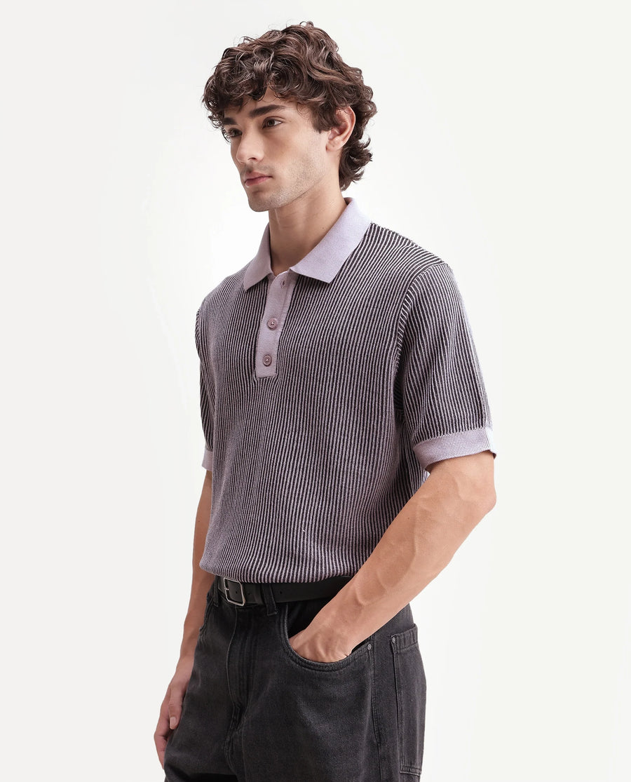 Rare Rabbit Men's Hof Dusky Purple Cotton Spread Collar Button Regular Striped Polo