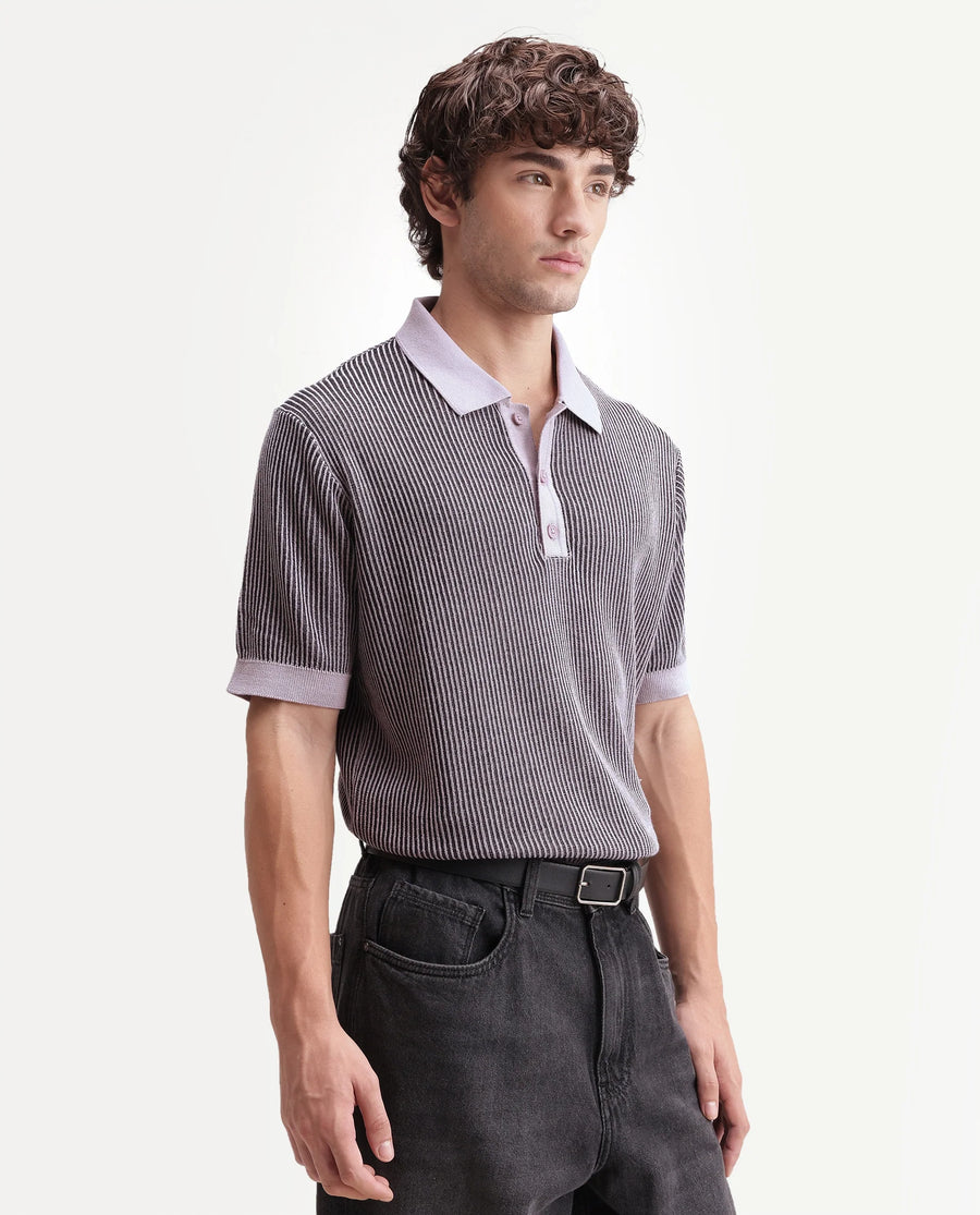 Rare Rabbit Men's Hof Dusky Purple Cotton Spread Collar Button Regular Striped Polo