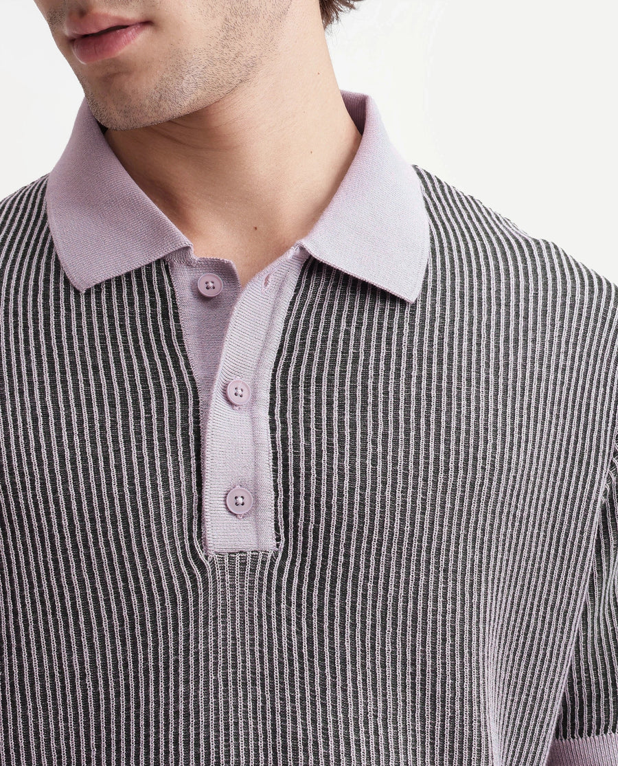 Rare Rabbit Men's Hof Dusky Purple Cotton Spread Collar Button Regular Striped Polo