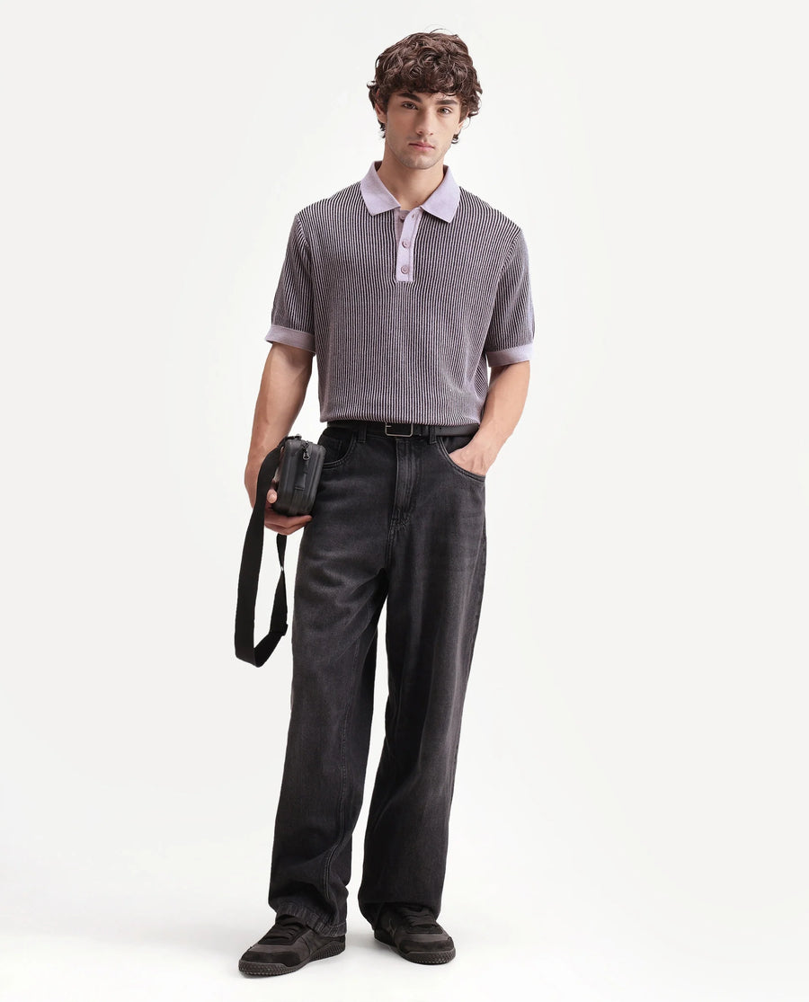 Rare Rabbit Men's Hof Dusky Purple Cotton Spread Collar Button Regular Striped Polo