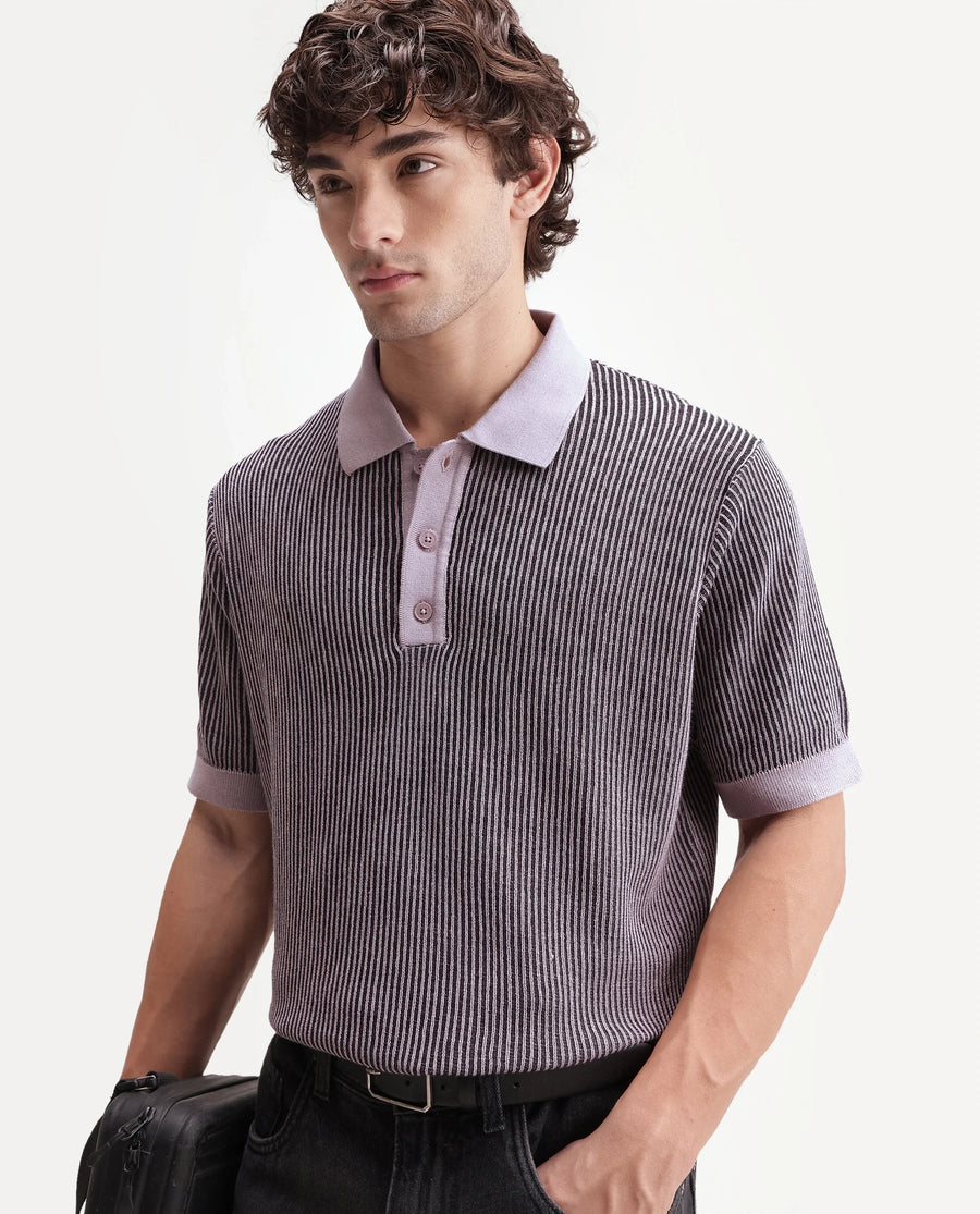 Rare Rabbit Men's Hof Dusky Purple Cotton Spread Collar Button Regular Striped Polo