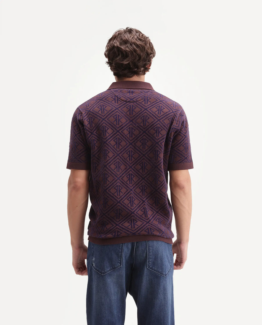 Rare Rabbit Men's Rene Dark Brown Cotton Blend Johnny Collar Regular Jacquard Polo