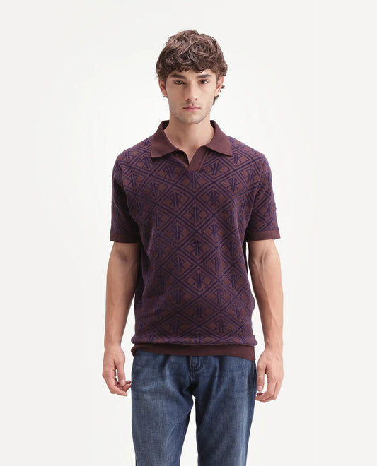 Rare Rabbit Men's Rene Dark Brown Cotton Blend Johnny Collar Regular Jacquard Polo