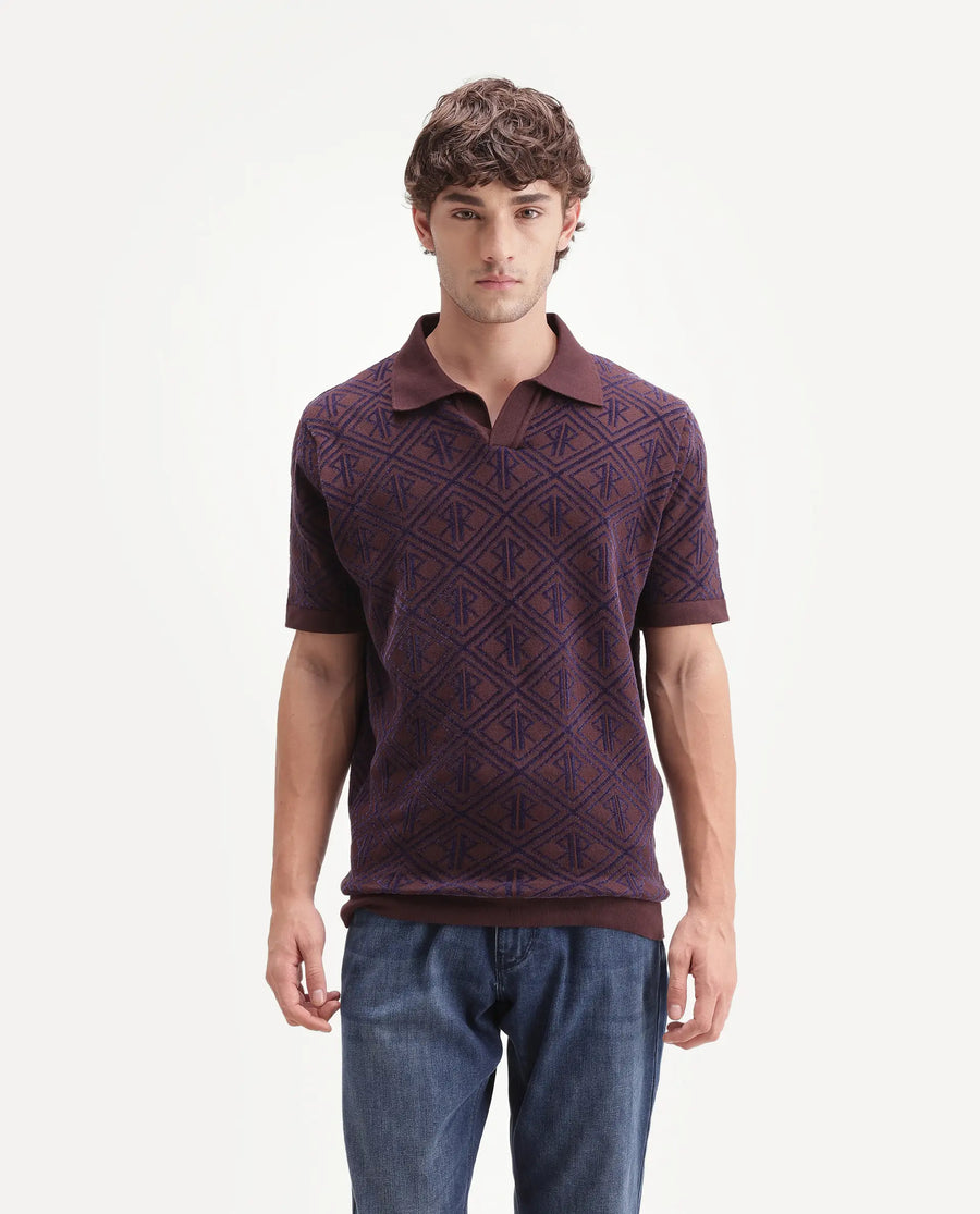 Rare Rabbit Men's Rene Dark Brown Cotton Blend Johnny Collar Regular Jacquard Polo