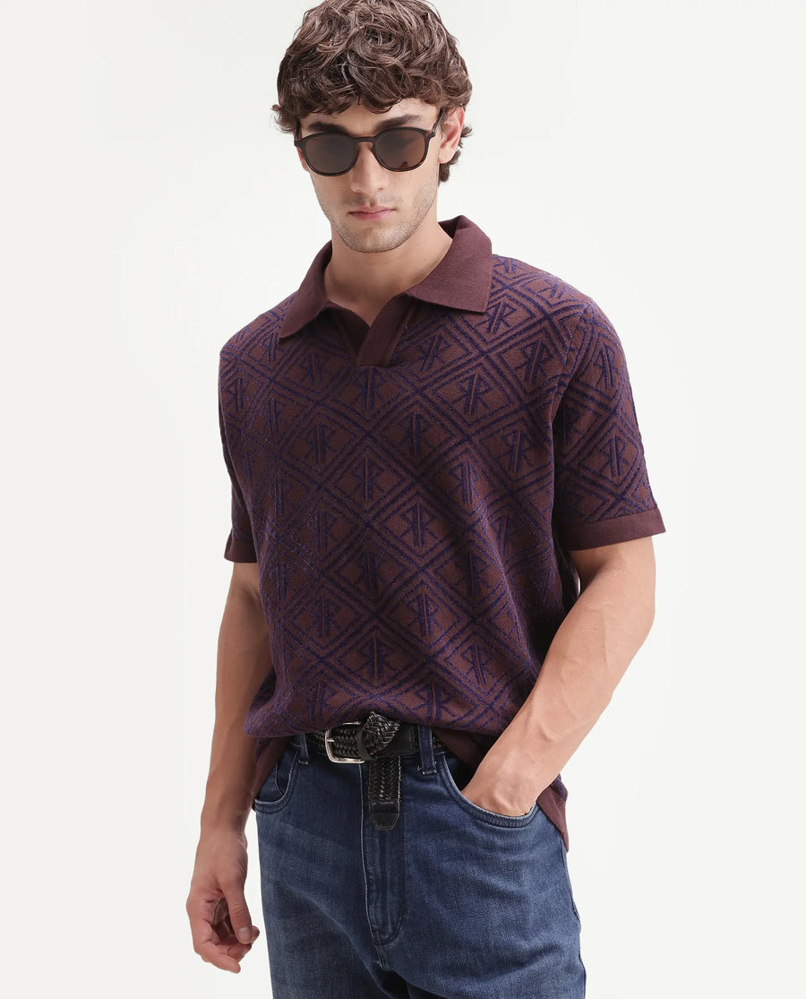 Rare Rabbit Men's Rene Dark Brown Cotton Blend Johnny Collar Regular Jacquard Polo