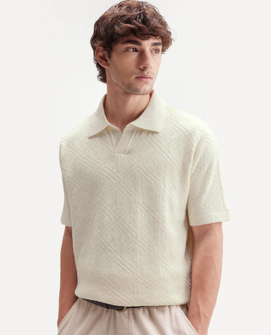Rare Rabbit Men's Rene White Cotton Blend Johnny Collar Regular Jacquard Polo