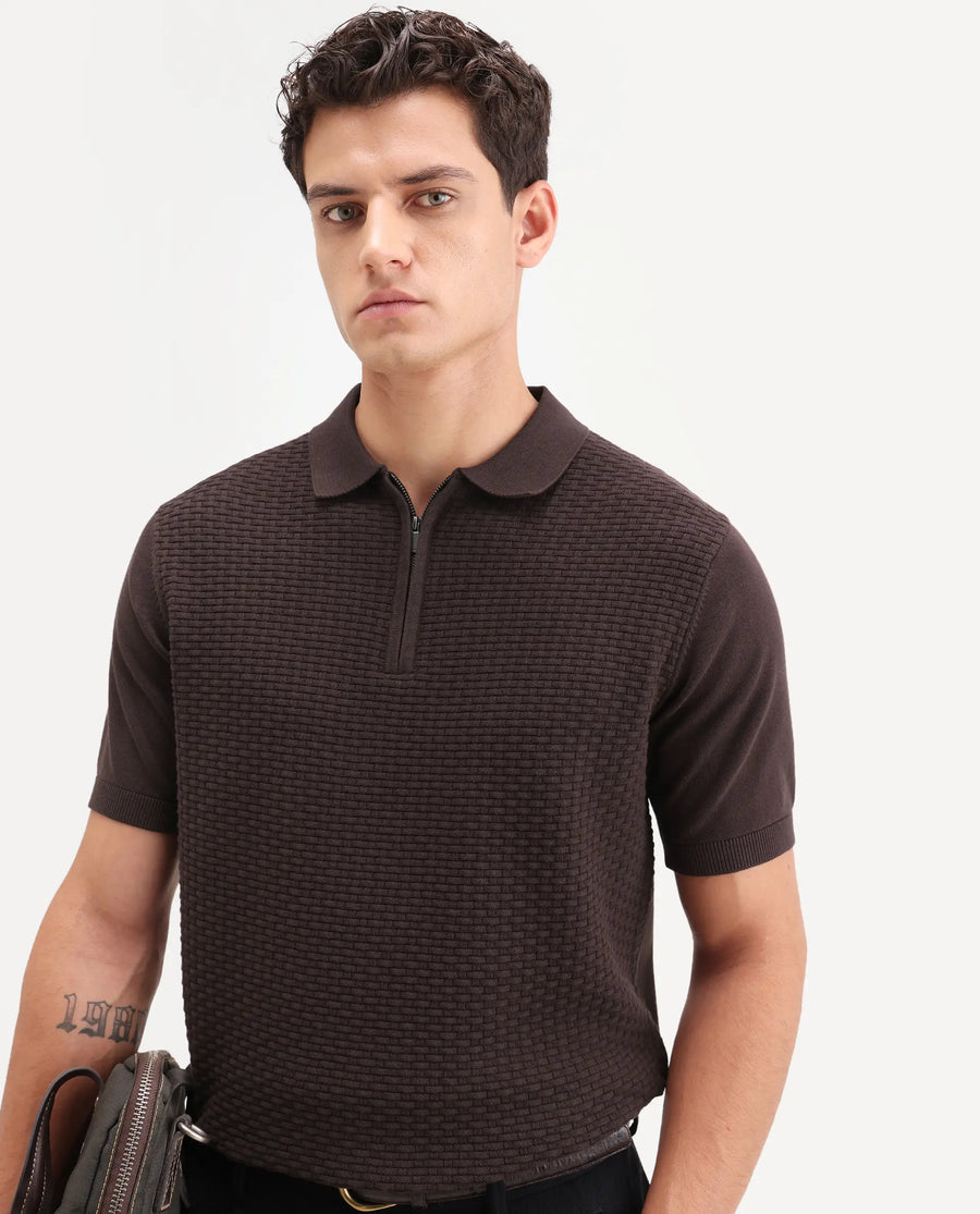 Rare Rabbit Men's Corsin Brown Cotton Fabric Full Sleeve Spread Collar Regular Fit Textured Polo