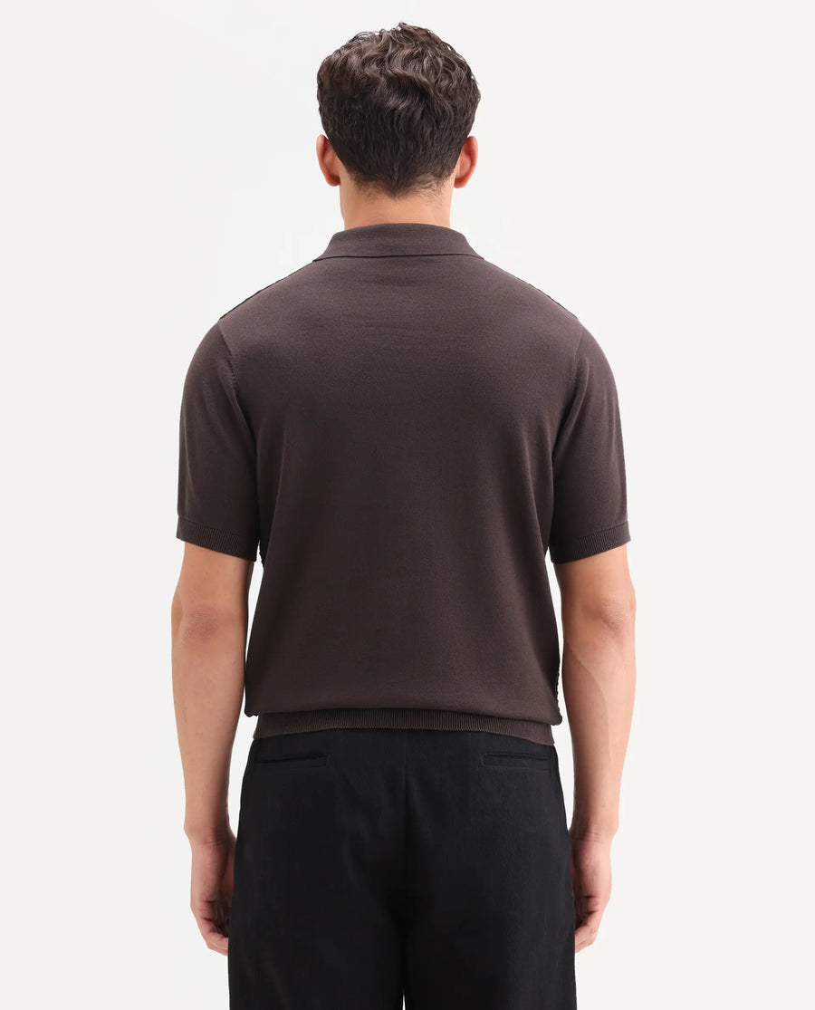 Rare Rabbit Men's Corsin Brown Cotton Fabric Full Sleeve Spread Collar Regular Fit Textured Polo