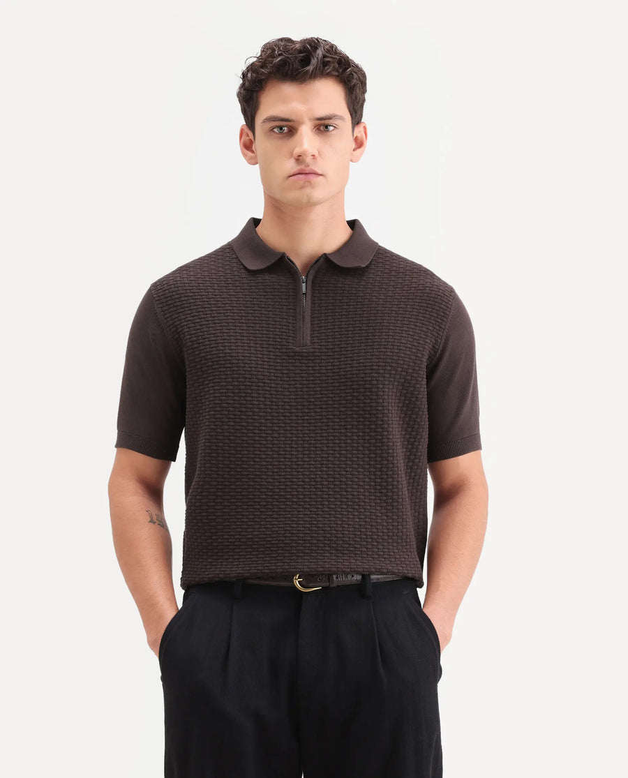Rare Rabbit Men's Corsin Brown Cotton Fabric Full Sleeve Spread Collar Regular Fit Textured Polo