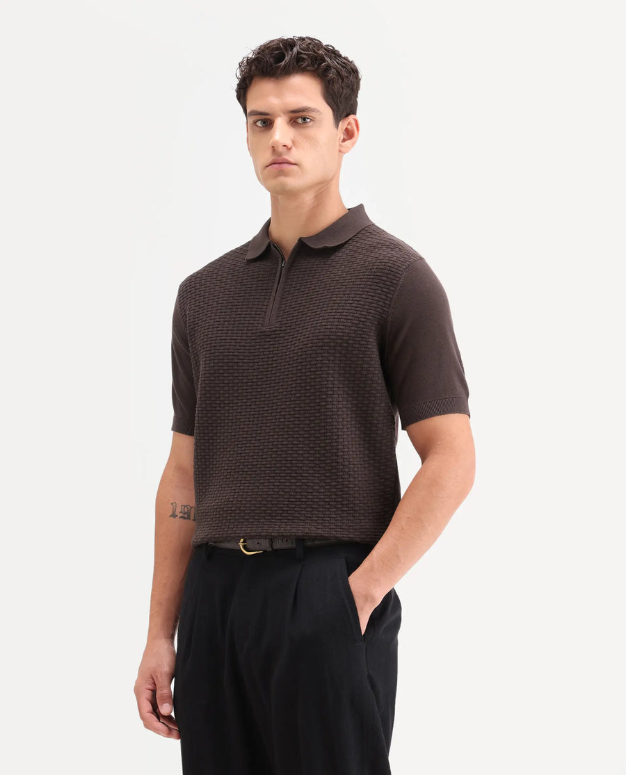 Rare Rabbit Men's Corsin Brown Cotton Fabric Full Sleeve Spread Collar Regular Fit Textured Polo