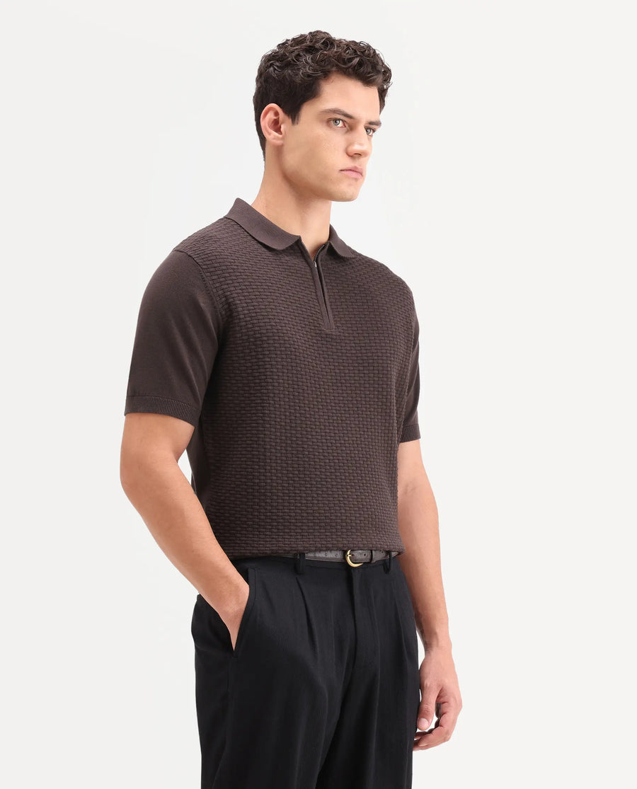 Rare Rabbit Men's Corsin Brown Cotton Fabric Full Sleeve Spread Collar Regular Fit Textured Polo