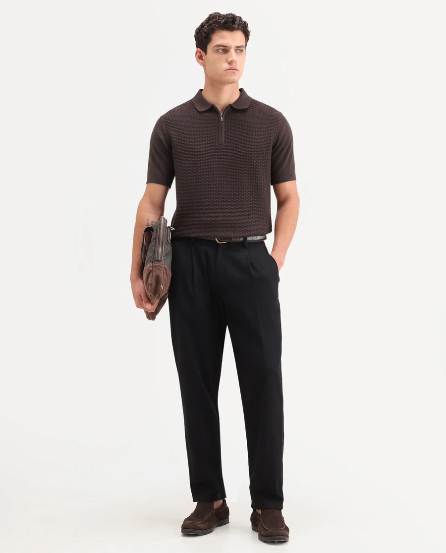 Rare Rabbit Men's Corsin Brown Cotton Fabric Full Sleeve Spread Collar Regular Fit Textured Polo
