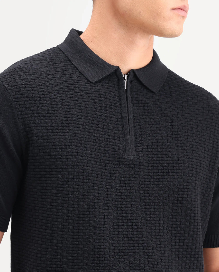 Rare Rabbit Men's Corsin Black Cotton Fabric Full Sleeve Spread Collar Regular Fit Textured Polo