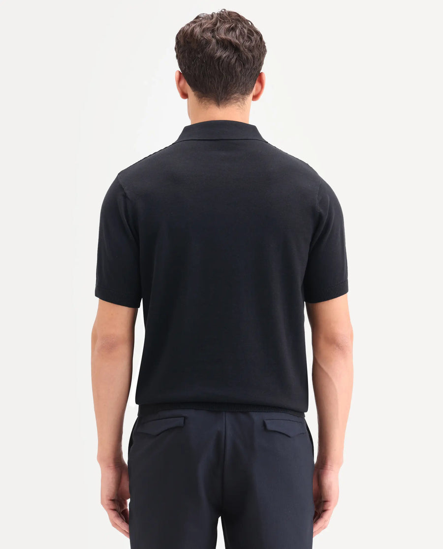 Rare Rabbit Men's Corsin Black Cotton Fabric Full Sleeve Spread Collar Regular Fit Textured Polo