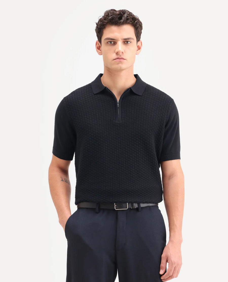 Rare Rabbit Men's Corsin Black Cotton Fabric Full Sleeve Spread Collar Regular Fit Textured Polo