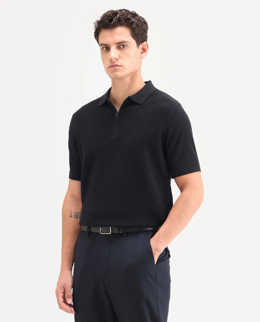 Rare Rabbit Men's Corsin Black Cotton Fabric Full Sleeve Spread Collar Regular Fit Textured Polo