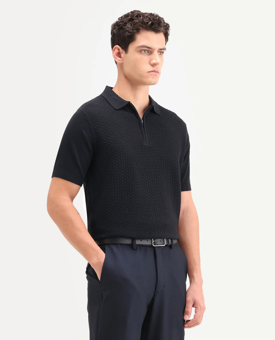 Rare Rabbit Men's Corsin Black Cotton Fabric Full Sleeve Spread Collar Regular Fit Textured Polo