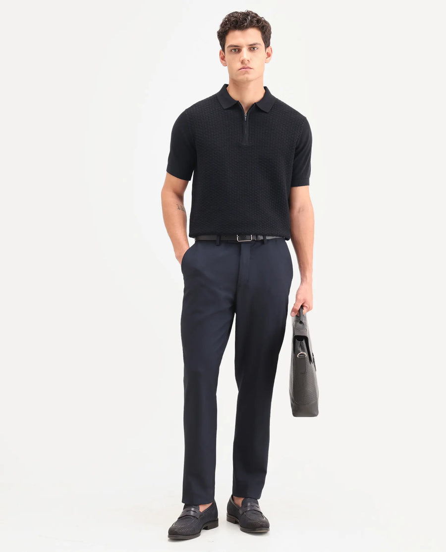 Rare Rabbit Men's Corsin Black Cotton Fabric Full Sleeve Spread Collar Regular Fit Textured Polo