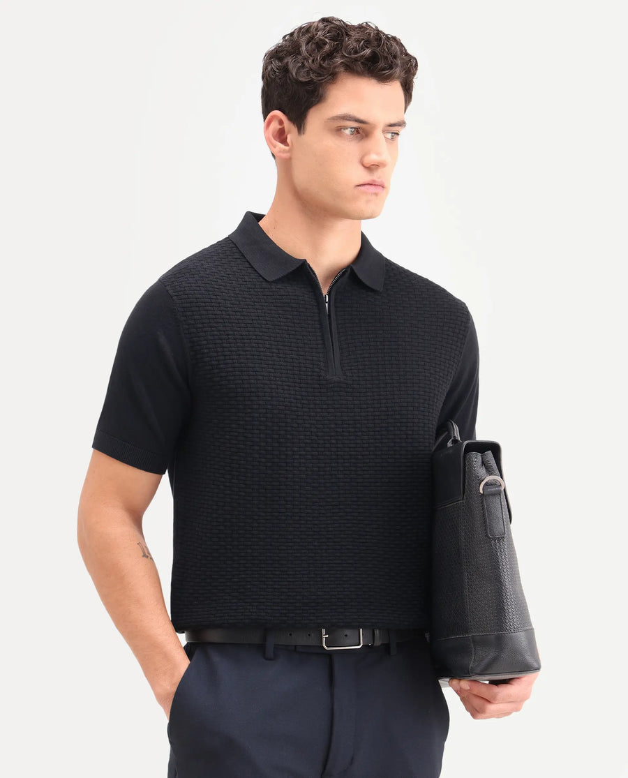 Rare Rabbit Men's Corsin Black Cotton Fabric Full Sleeve Spread Collar Regular Fit Textured Polo