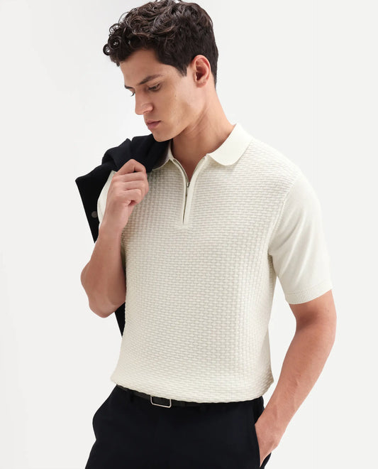 Rare Rabbit Men's Corsin White Cotton Fabric Full Sleeve Spread Collar Regular Fit Textured Polo
