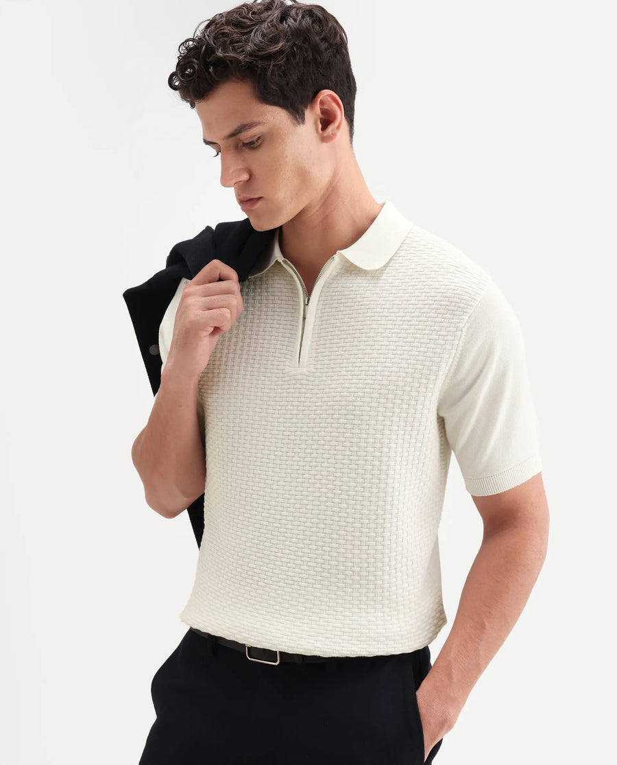 Rare Rabbit Men's Corsin White Cotton Fabric Full Sleeve Spread Collar Regular Fit Textured Polo