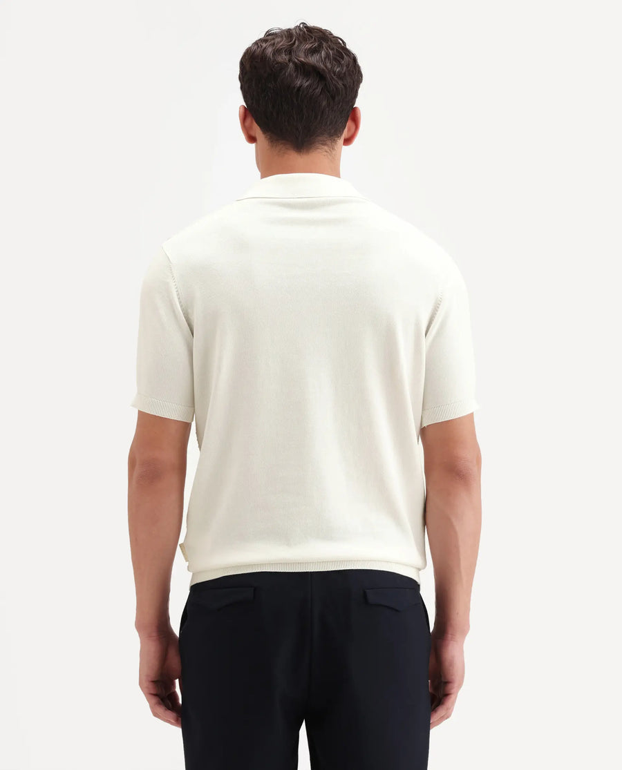 Rare Rabbit Men's Corsin White Cotton Fabric Full Sleeve Spread Collar Regular Fit Textured Polo