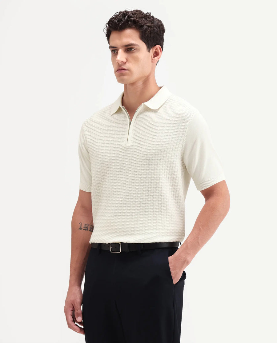 Rare Rabbit Men's Corsin White Cotton Fabric Full Sleeve Spread Collar Regular Fit Textured Polo