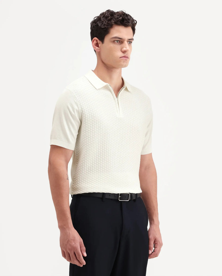 Rare Rabbit Men's Corsin White Cotton Fabric Full Sleeve Spread Collar Regular Fit Textured Polo
