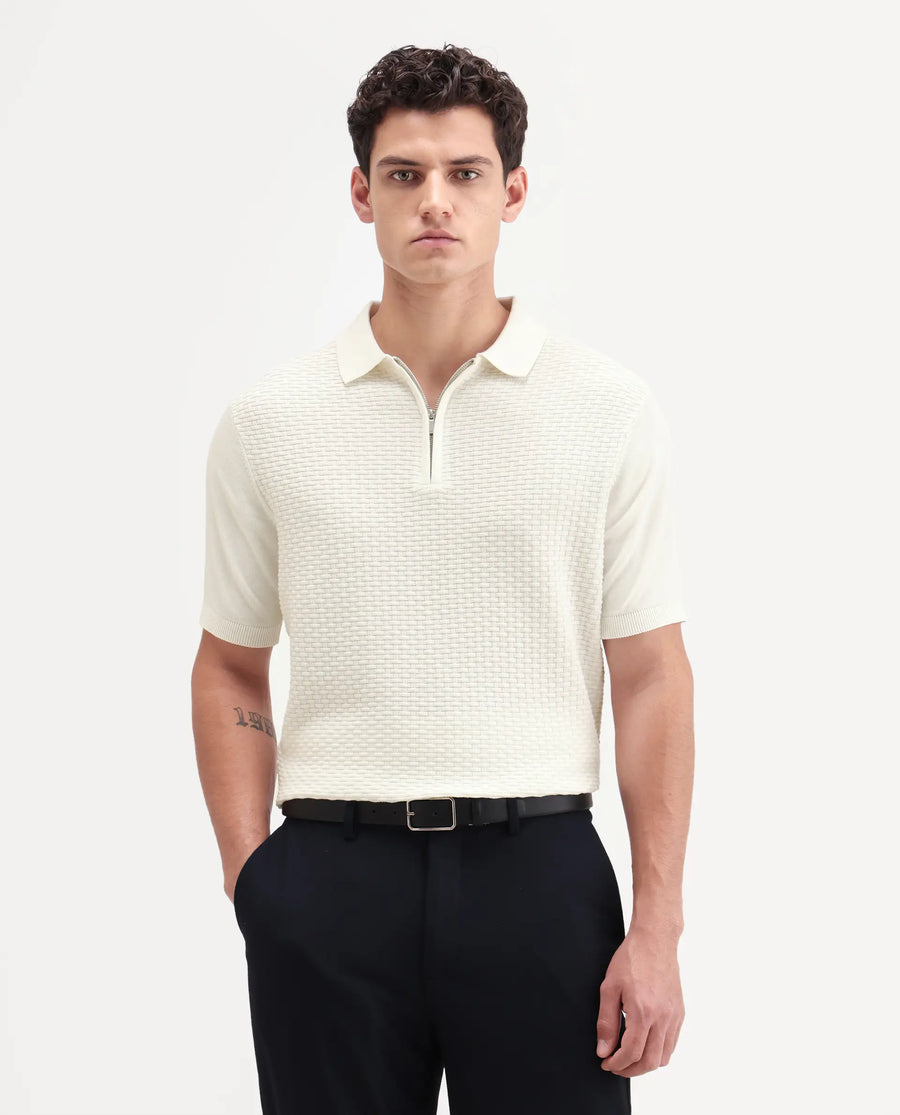 Rare Rabbit Men's Corsin White Cotton Fabric Full Sleeve Spread Collar Regular Fit Textured Polo