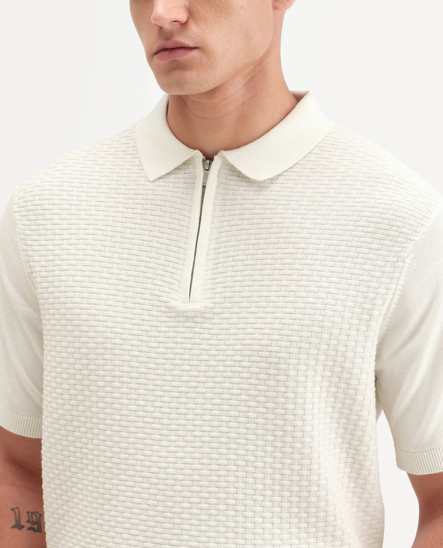 Rare Rabbit Men's Corsin White Cotton Fabric Full Sleeve Spread Collar Regular Fit Textured Polo
