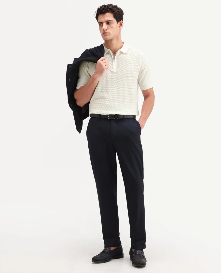 Rare Rabbit Men's Corsin White Cotton Fabric Full Sleeve Spread Collar Regular Fit Textured Polo