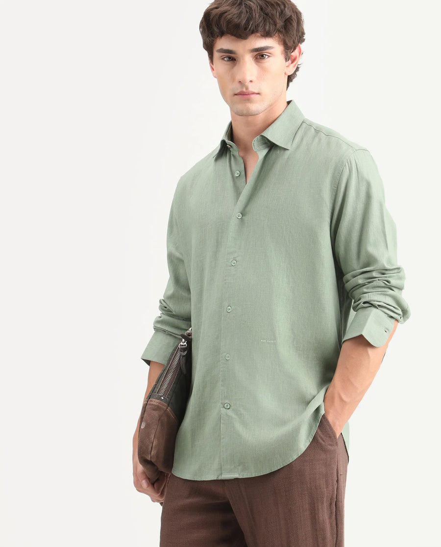 Rare Rabbit Men's Lewan-Ls Dusky Green Linen Blend Spread Collar Regular Plain Shirt