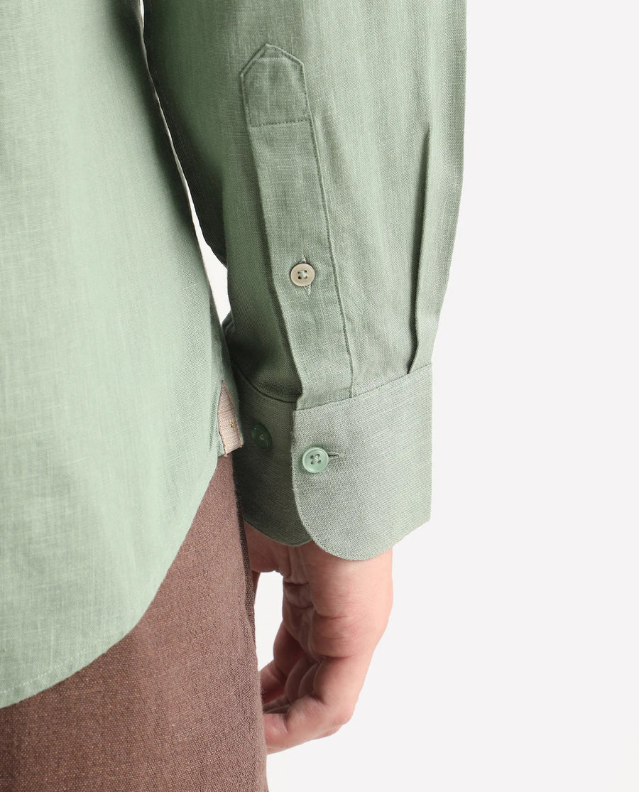 Rare Rabbit Men's Lewan-Ls Dusky Green Linen Blend Spread Collar Regular Plain Shirt