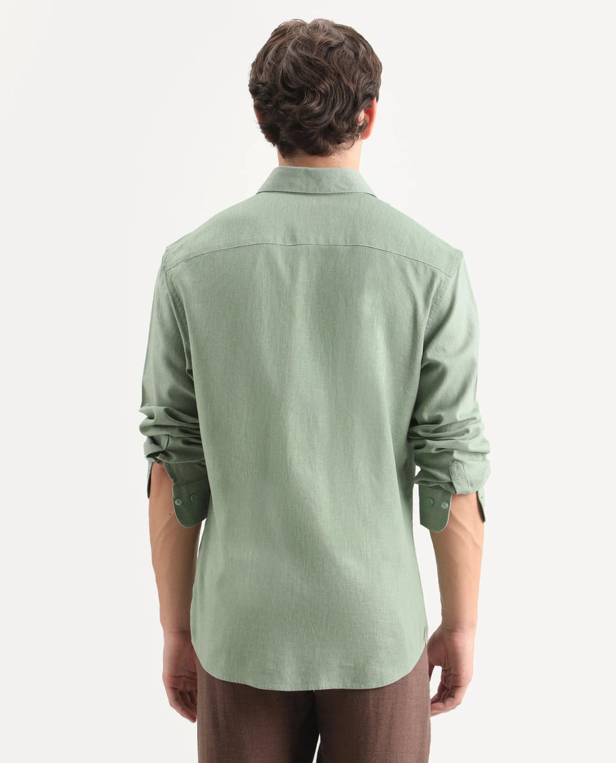 Rare Rabbit Men's Lewan-Ls Dusky Green Linen Blend Spread Collar Regular Plain Shirt