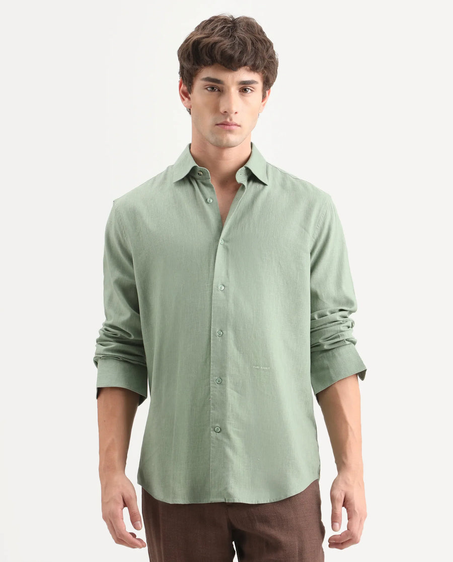 Rare Rabbit Men's Lewan-Ls Dusky Green Linen Blend Spread Collar Regular Plain Shirt