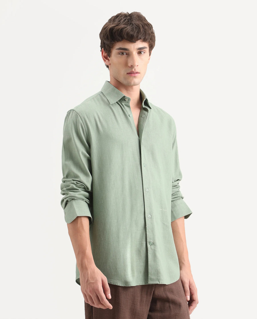 Rare Rabbit Men's Lewan-Ls Dusky Green Linen Blend Spread Collar Regular Plain Shirt