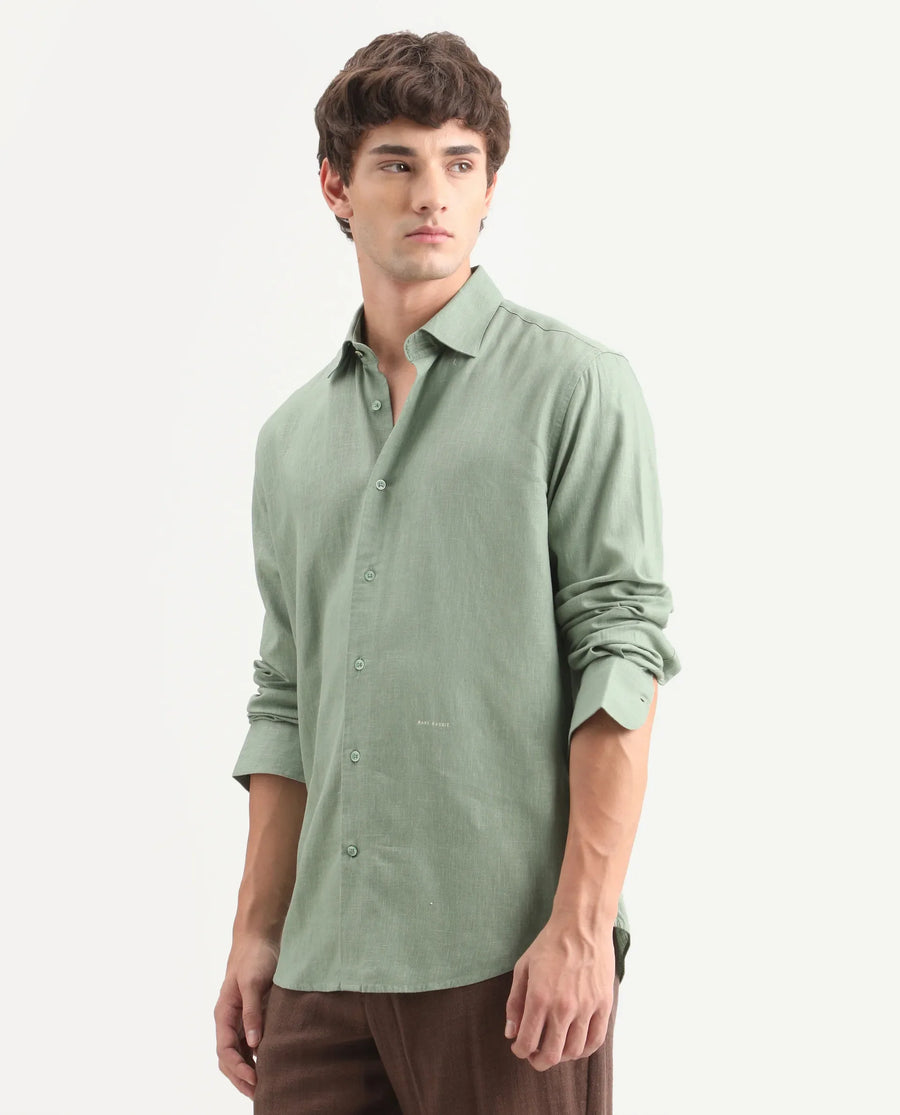 Rare Rabbit Men's Lewan-Ls Dusky Green Linen Blend Spread Collar Regular Plain Shirt