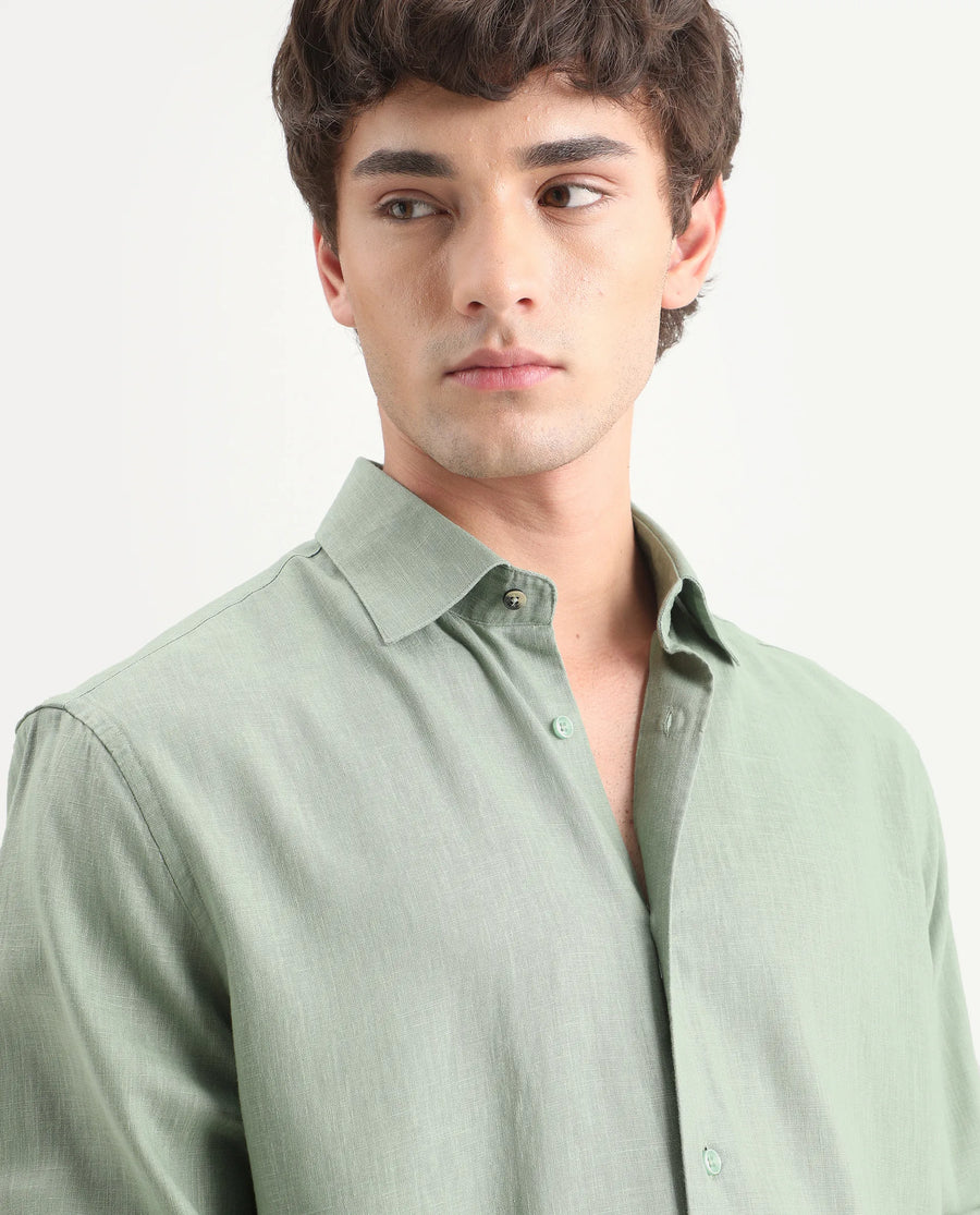 Rare Rabbit Men's Lewan-Ls Dusky Green Linen Blend Spread Collar Regular Plain Shirt