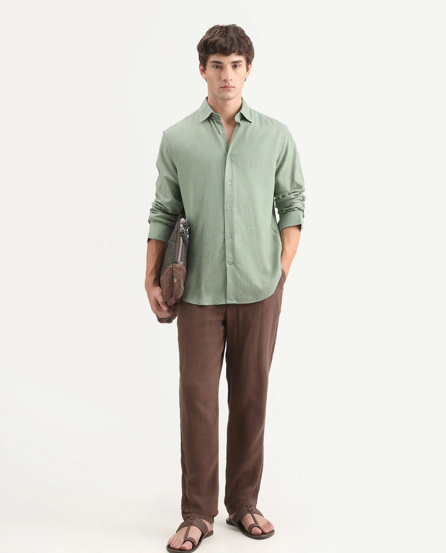 Rare Rabbit Men's Lewan-Ls Dusky Green Linen Blend Spread Collar Regular Plain Shirt