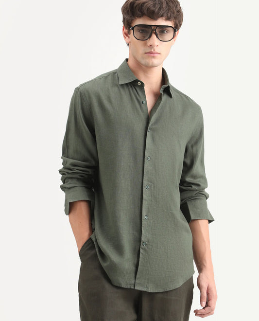 Rare Rabbit Men's Lewan-Ls Dark Green Linen Blend Spread Collar Regular Plain Shirt