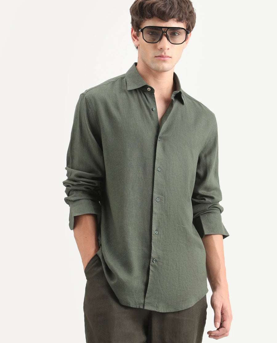 Rare Rabbit Men's Lewan-Ls Dark Green Linen Blend Spread Collar Regular Plain Shirt