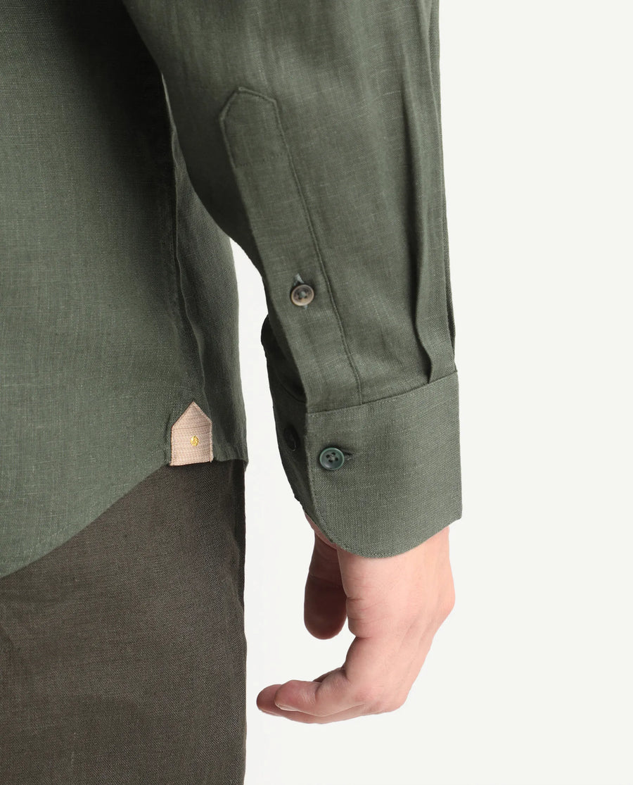 Rare Rabbit Men's Lewan-Ls Dark Green Linen Blend Spread Collar Regular Plain Shirt