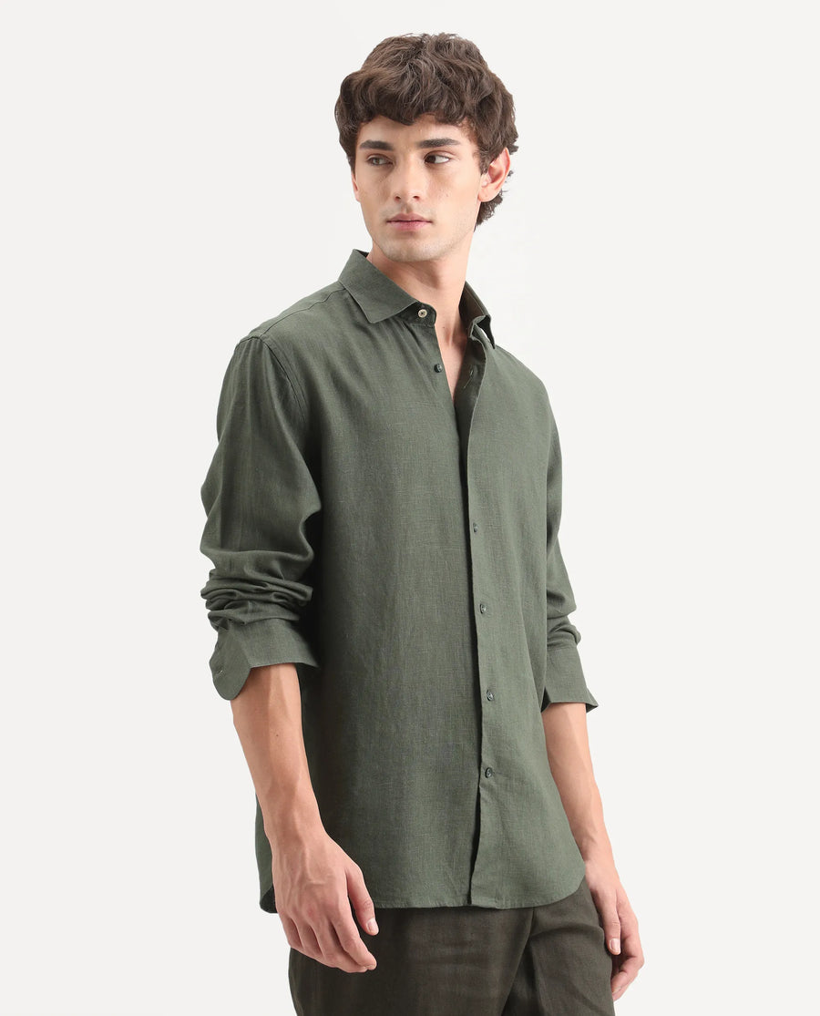 Rare Rabbit Men's Lewan-Ls Dark Green Linen Blend Spread Collar Regular Plain Shirt