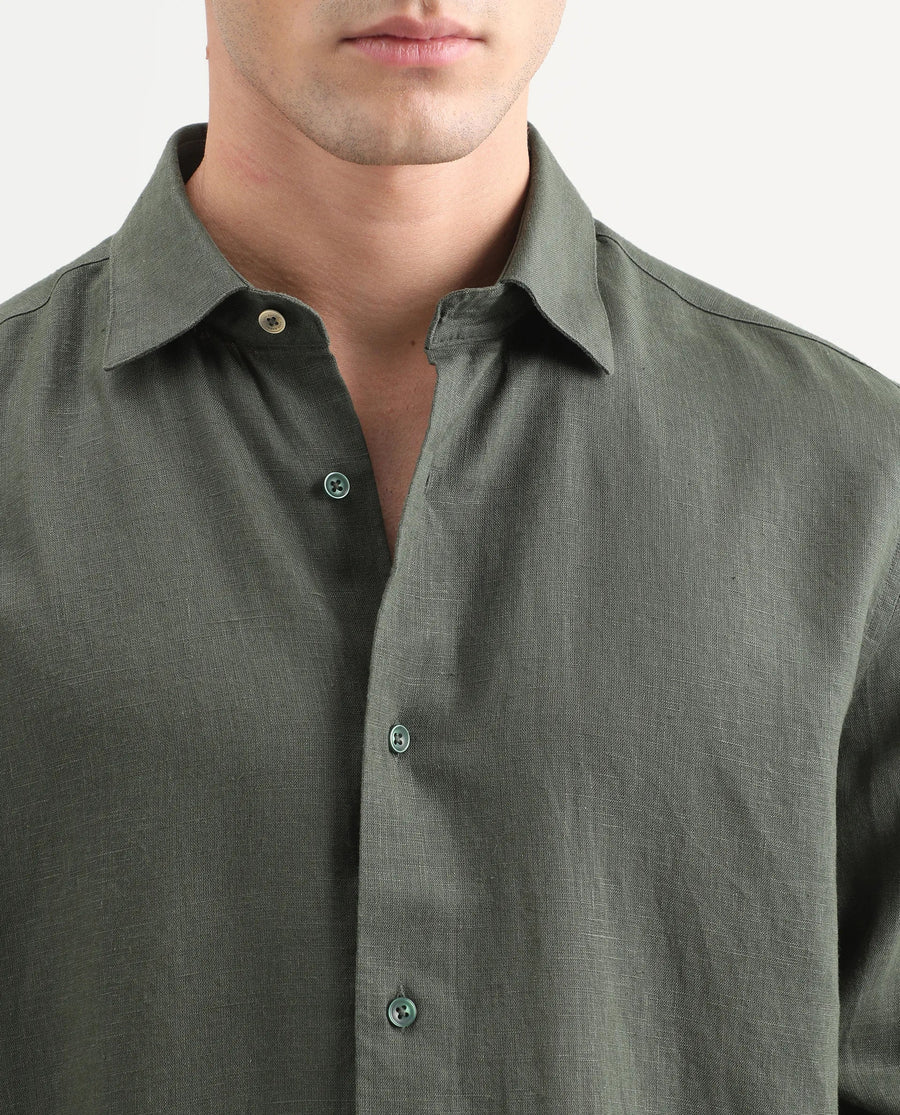 Rare Rabbit Men's Lewan-Ls Dark Green Linen Blend Spread Collar Regular Plain Shirt