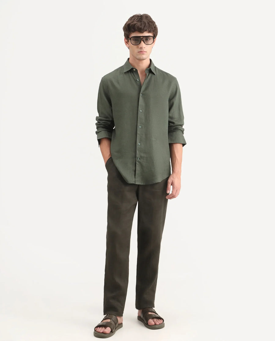 Rare Rabbit Men's Lewan-Ls Dark Green Linen Blend Spread Collar Regular Plain Shirt