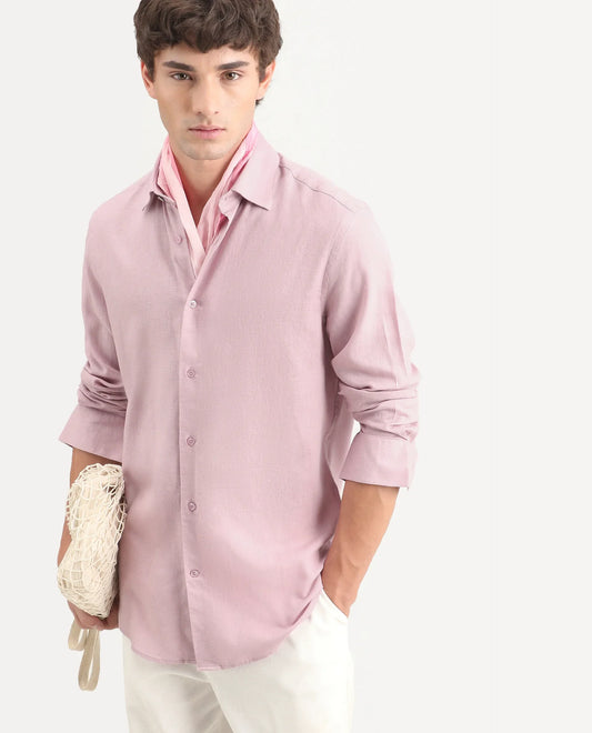 Rare Rabbit Men's Lewan-Ls Light Pink Linen Blend Spread Collar Regular Plain Shirt