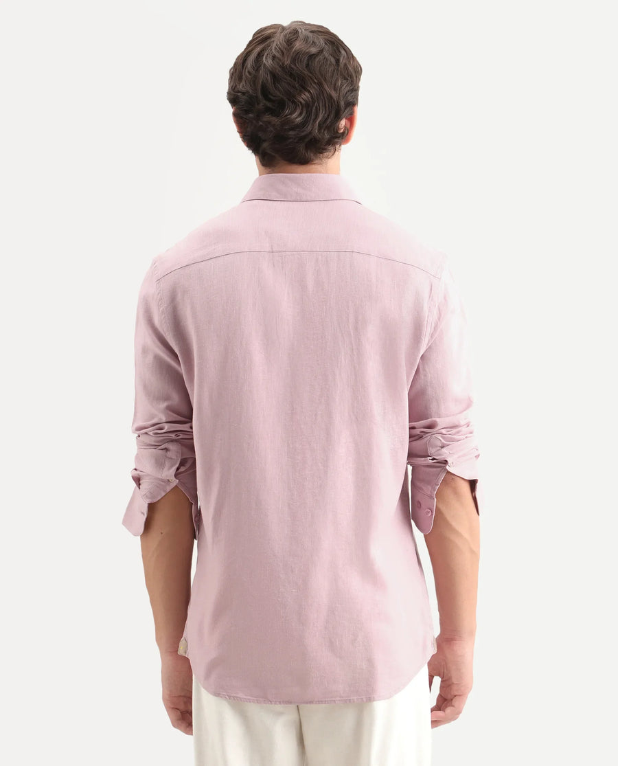 Rare Rabbit Men's Lewan-Ls Light Pink Linen Blend Spread Collar Regular Plain Shirt