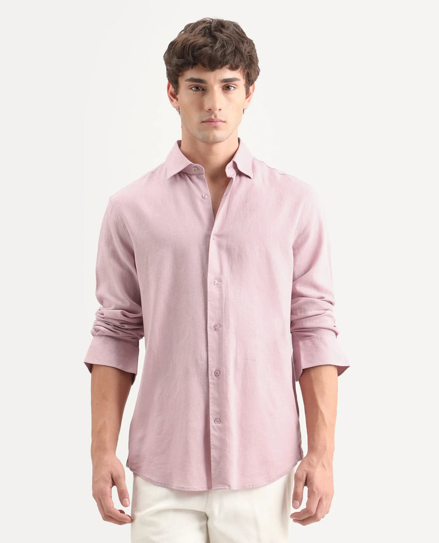 Rare Rabbit Men's Lewan-Ls Light Pink Linen Blend Spread Collar Regular Plain Shirt
